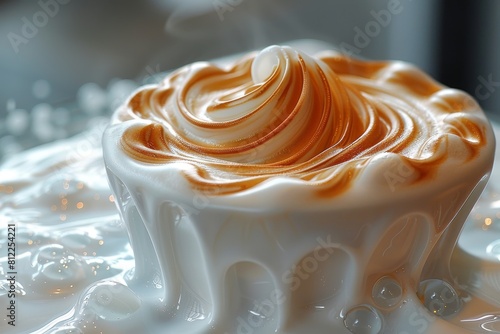 A close-up shot capturing the pristine texture of whipped cream with caramel sauce artistically swirled on top