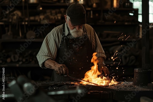 Strenuous Blacksmith old man work forge. Worker flame. Generate Ai