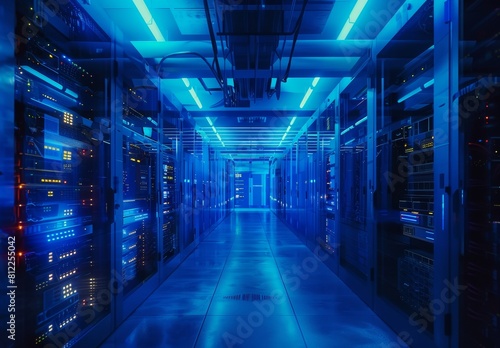 "Visualization of IoT, data flow, and digitalization in a dark server room with modern racks. Complex electric equipment warehouse with VFX."