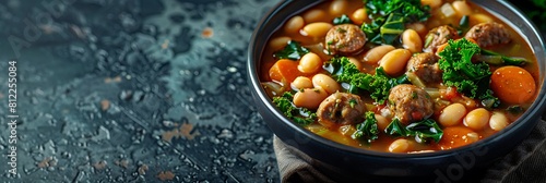 Italian sausage and white bean soup with kale, fresh food banner, top view with copy space photo
