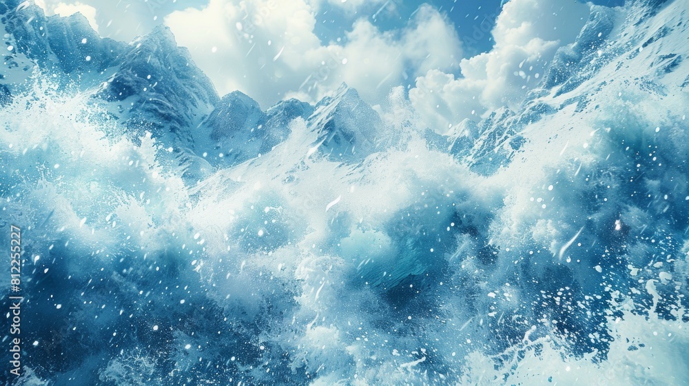 A large wave crashing into a mountain range with snow on it, AI