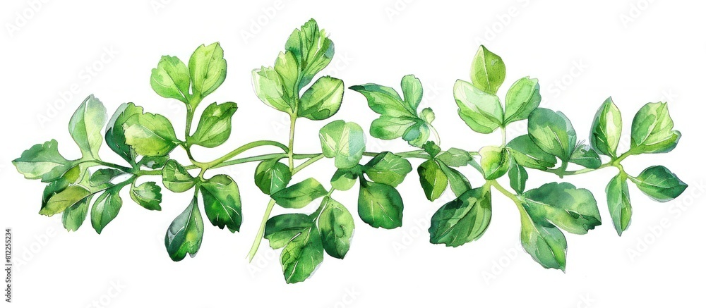 Watercolor Painting of Thai Vietnamese Coriander Leaves on White Background
