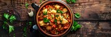 Jambalaya with cornbread, fresh food banner, top view with copy space