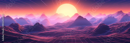 Digital Sunset In Surreal Mountain Landscape With Neon Grid. Futuristic Digital World. Generative AI #812255455