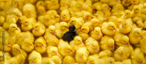 ilustration of a black duckling in a large group of yellow ducklings - concept of being unique and different from the rest