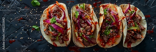 Korean BBQ beef tacos with kimchi slaw, fresh food banner, top view with copy space