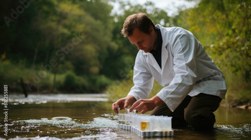 A man, wearing a lab coat, collects water from a river, amidst a beautiful natural landscape with happy people, trees, grass, and a serene lake. AIG41