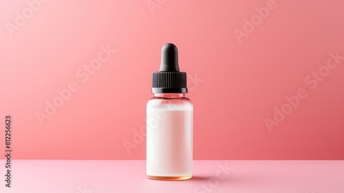 A bottle of perfume is sitting on a pink background