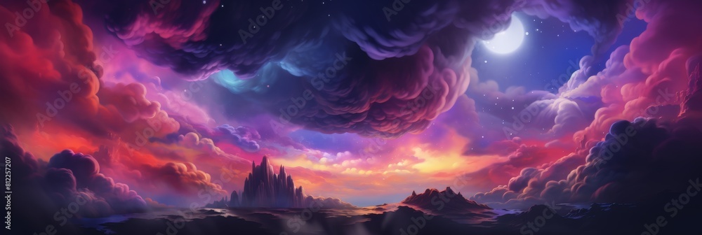 Fototapeta premium Majestic Night Sky With Vibrant Clouds And Mysterious Mountain Peaks. Celestial Landscape. Generative AI