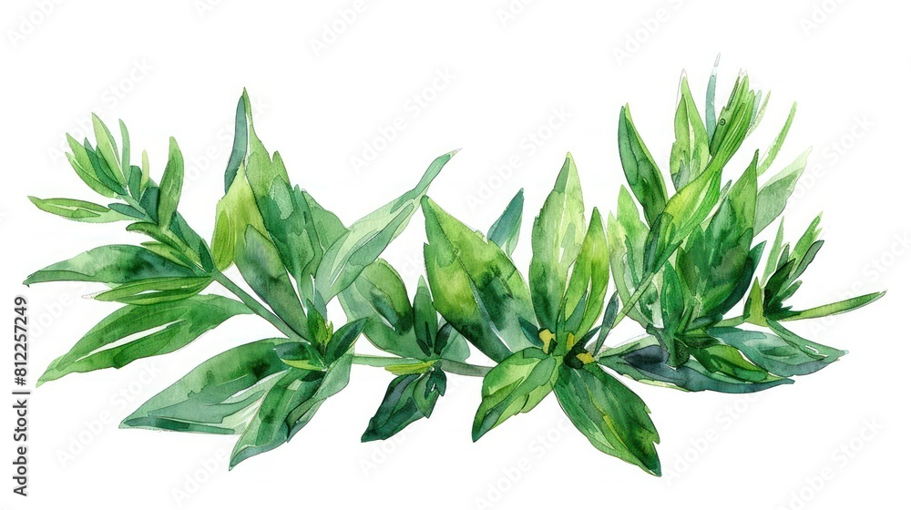 Green Tarragon Leaves in Watercolor Style for Culinary or Botanical Purpose