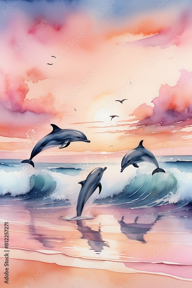 A whimsical watercolor illustration of a beach at sunrise, with pastel pink and orange hues reflecting on the water and playful dolphins leaping out A whimsical watercolor illustration of a beach at sunrise, with pastel pink and orange hues reflecting on the water and playful dolphins leaping out