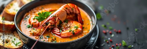Lobster bisque with crusty bread, fresh food banner, top view with copy space photo