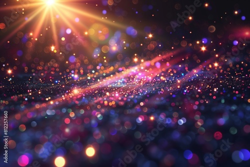 Volumetric lights in the dark, lights from Down soft optical lens flares shiny animation art background animation. Motion graphic natural lighting with twinkle star effect colorful. 3D Illustration