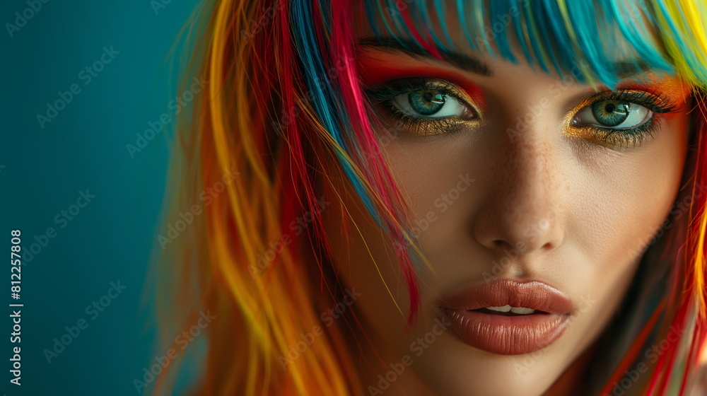 Naklejka premium A close-up portrayal of a young woman with striking rainbow-colored hair, featuring hues of red, yellow, and blue, with an intense gaze - LGBTQ rights concept - Generative AI