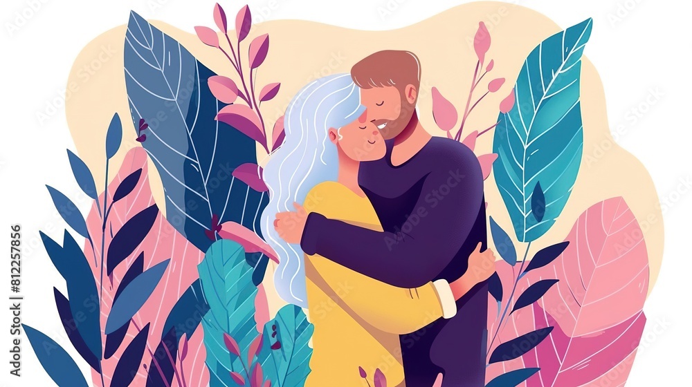 A couple is sitting on the ground in a field of flowers. The man is wearing a yellow sweater and the woman is wearing a purple dress. A couple is sitting on the ground in a field of flowers. The man is wearing a yellow sweater and the woman is wearing a purple dress.
