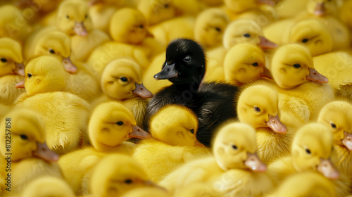 ilustration of a black duckling in a large group of yellow ducklings - concept of being unique and different from the rest