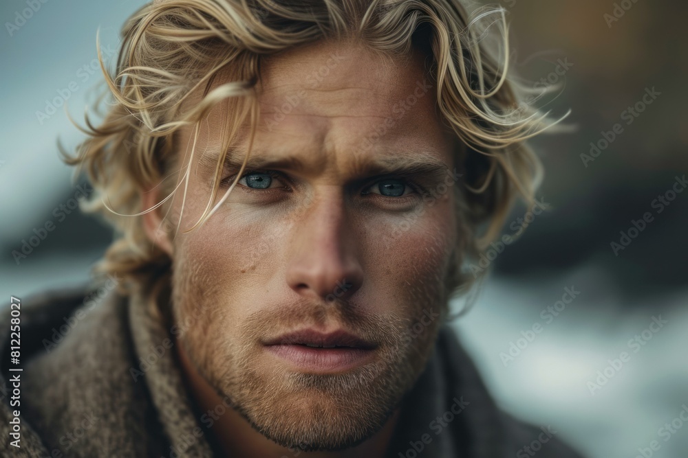 Close-up portrait of a serious young man with windswept blond hair and piercing eyes Close-up portrait of a serious young man with windswept blond hair and piercing eyes