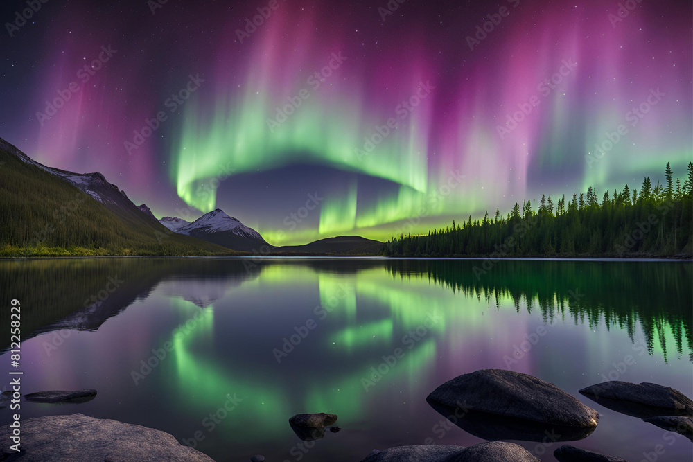 Northern lights reflected on the surface of a calm lake or river, doubling the beauty of the aurora display
