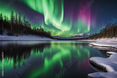 Northern lights reflected on the surface of a calm lake or river, doubling the beauty of the aurora display