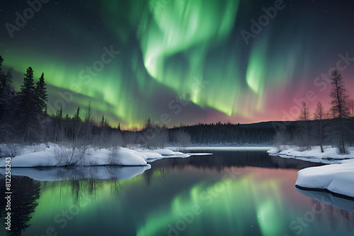 Northern lights reflected on the surface of a calm lake or river, doubling the beauty of the aurora display