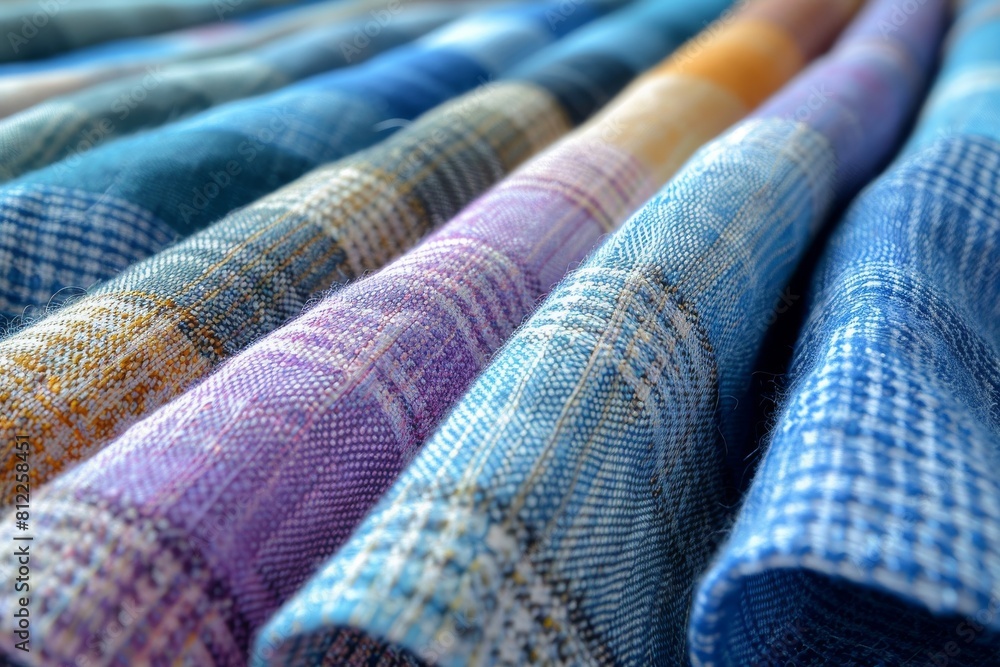 Fototapeta premium A variety of colorful textile rolls are shown in a row, midsection obscured by blurring