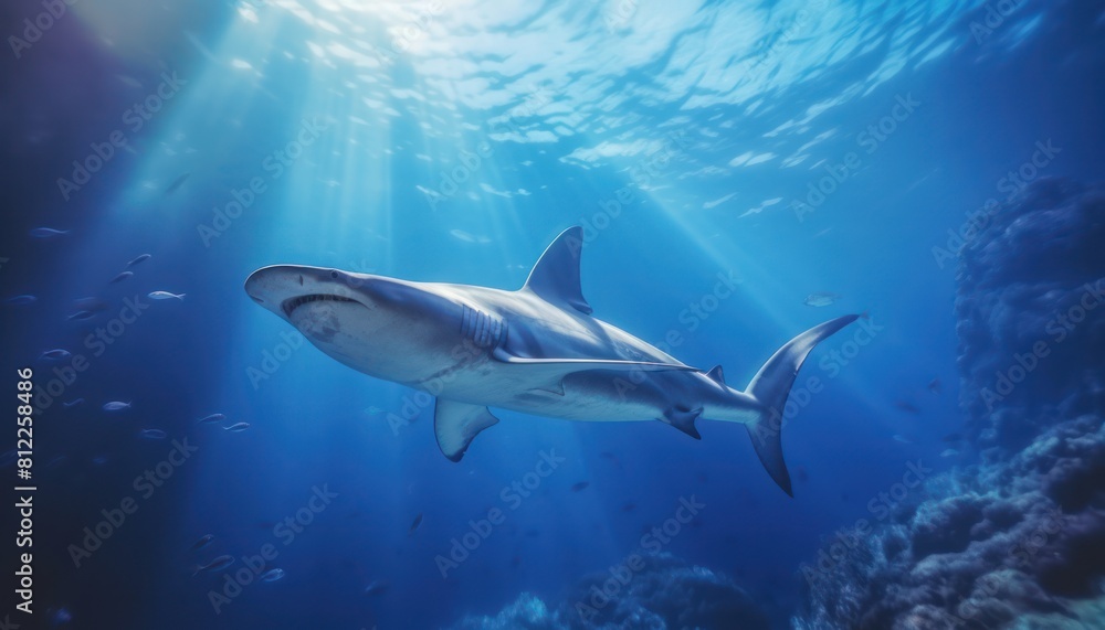 Fototapeta premium Great White Shark in the ocean, portrait of White shark hunting prey in the underwater
