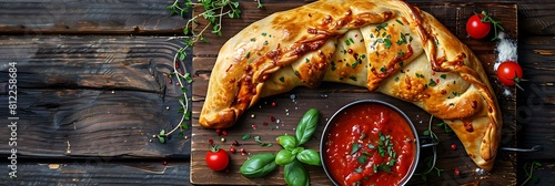 Meat lovers calzone with marinara dipping sauce, top view horizontal food banner with copy space