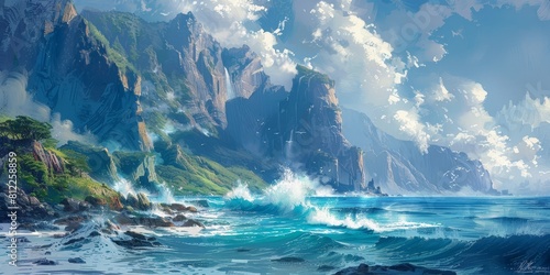 Ocean Scene With Mountains in the Background. Generative AI