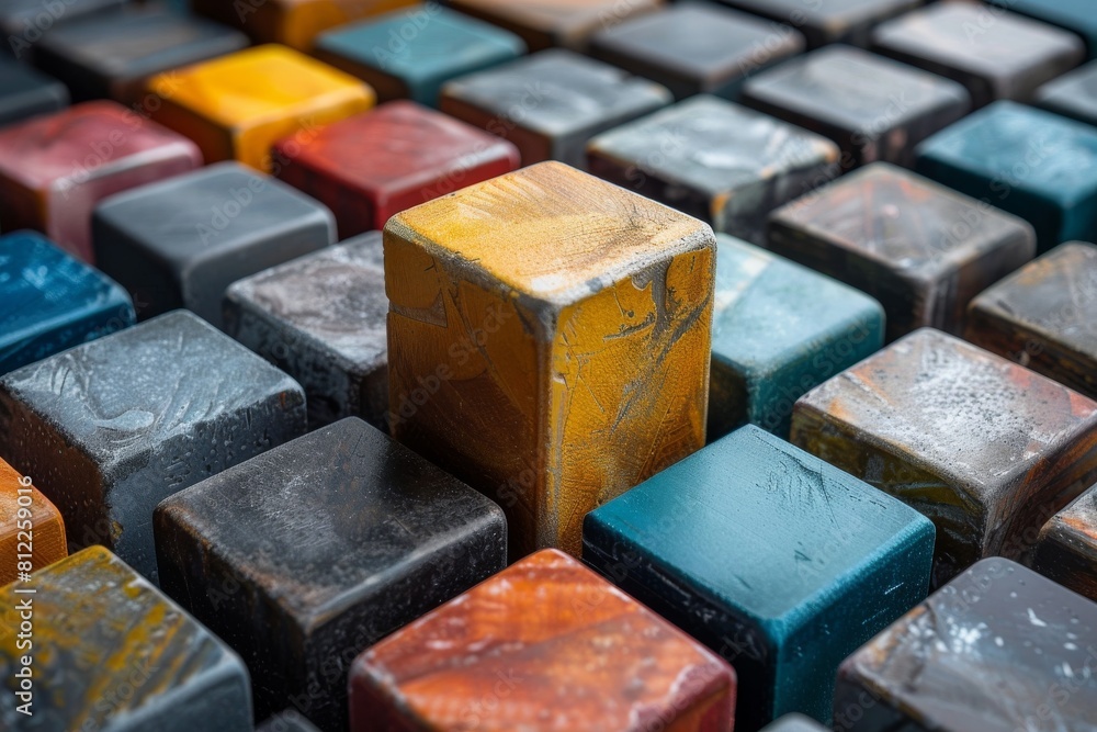 A single yellow block stands out prominently among an array of multicolored textured blocks A single yellow block stands out prominently among an array of multicolored textured blocks