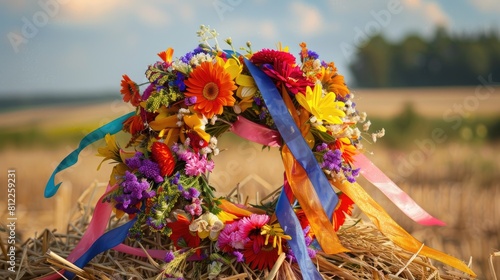 Colorful ribbons adorn a wreath of vibrant flowers resting on a haystack against a picturesque summer backdrop This floral crown embodies the essence of Summer Solstice Day the Midsummer ce