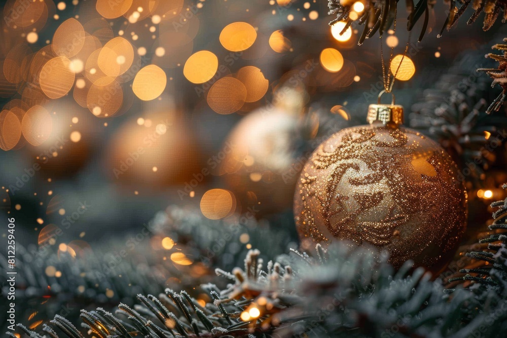 A detailed golden bauble hanging on a snow-dusted pine branch with soft bokeh lights A detailed golden bauble hanging on a snow-dusted pine branch with soft bokeh lights