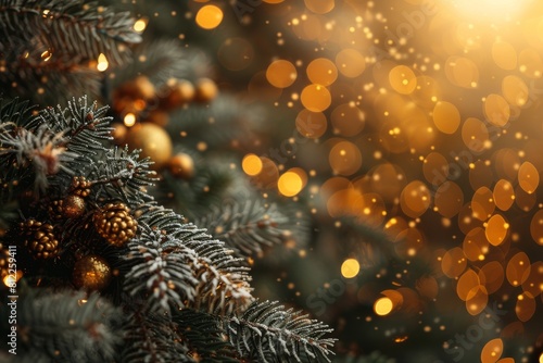 Wallpaper Mural Festive pine branch decorated with golden baubles and shimmering bokeh lights in the background Torontodigital.ca