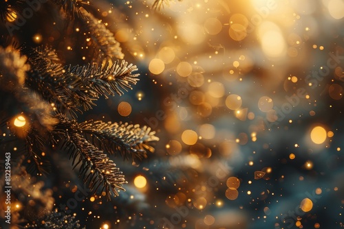 Twinkling golden bokeh lights enhance the frost on pine branches in a winter setting