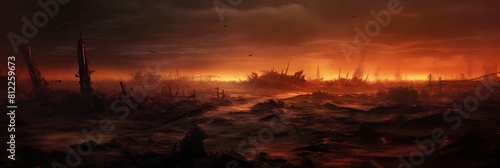Apocalyptic Landscape, Desolate Battlefield. Post-Apocalyptic Background. Generative AI