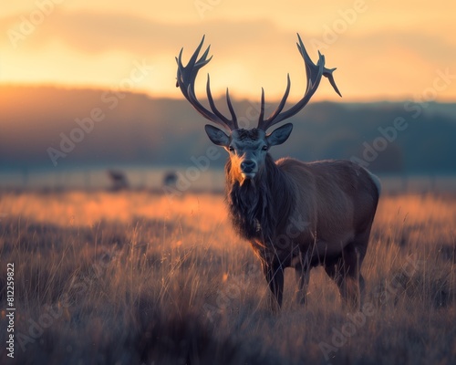 Majestic Red Deer Stag in Golden Hour Light on Grassland