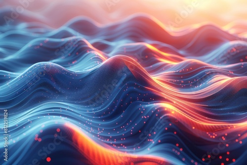 A visually striking abstract image with blue waves interlaced with glowing red lines