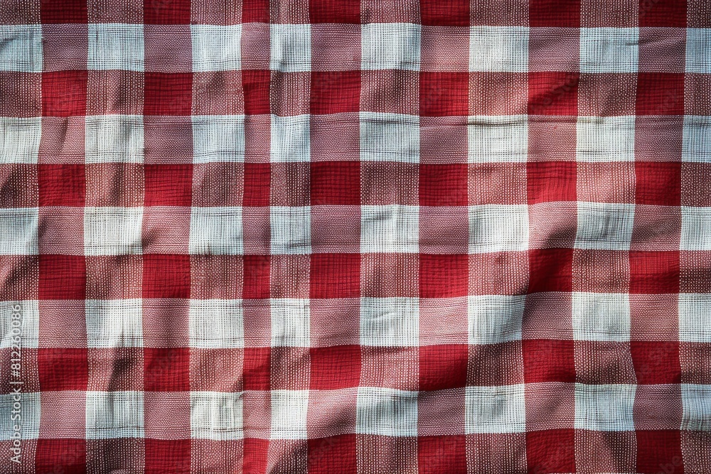 Textured surface detail of a red and white checkered fabric, resembling classic picnic tablecloths Textured surface detail of a red and white checkered fabric, resembling classic picnic tablecloths