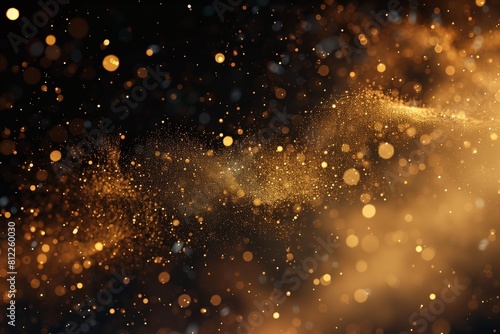 Gold dust particles fly in slow motion in the air lingering slowly. Dust Particles Background Bokeh Lights Background on Black Background 4k Footage Snow Particles Background.