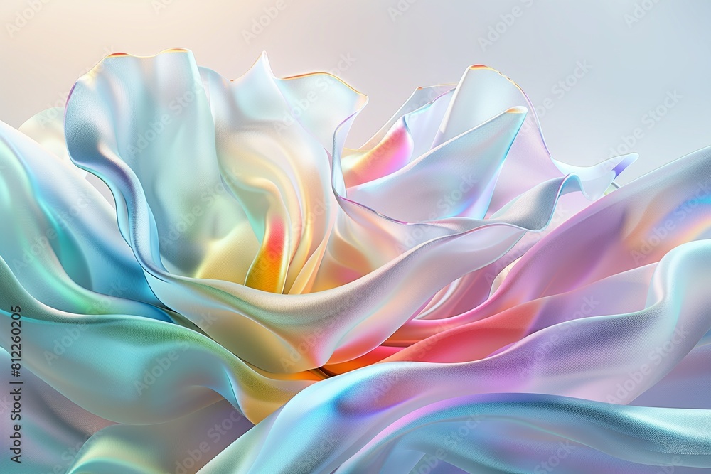 Gradient fabric in pastel colors, liquid glass collected in layers, moves and shimmers on a light background. Abstract animation of rainbow hue flower shaped fabric, 3D futuristic motion design 4K Gradient fabric in pastel colors, liquid glass collected in layers, moves and shimmers on a light background. Abstract animation of rainbow hue flower shaped fabric, 3D futuristic motion design 4K