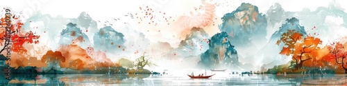 Ethereal Autumn Landscape in Watercolor Style Asian Riverscape photo