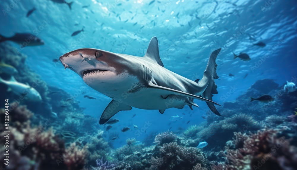 Great White Shark in the ocean, portrait of White shark hunting prey in the underwater Great White Shark in the ocean, portrait of White shark hunting prey in the underwater
