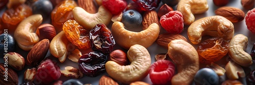 Mixed nuts with dried fruit  top view horizontal food banner with copy space