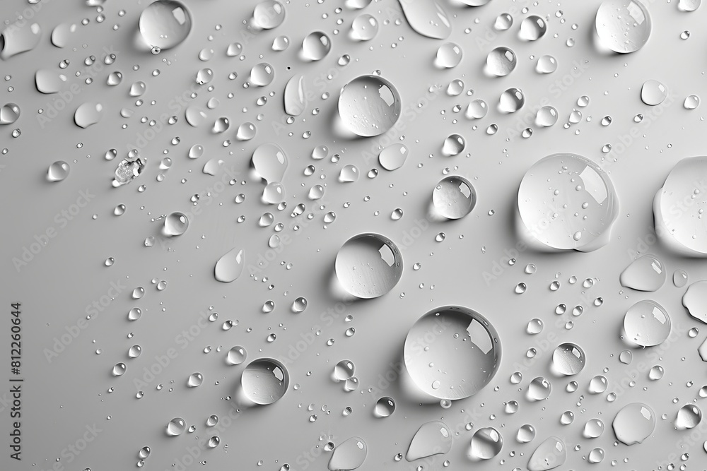 An array of various sized water droplets dispersed evenly on a smooth, neutral gray background An array of various sized water droplets dispersed evenly on a smooth, neutral gray background