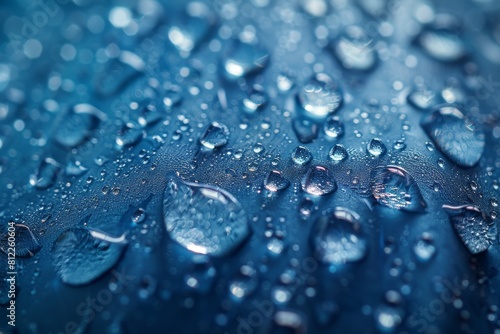 Macro shot capturing the intricate detail of water droplets glistening on a blue textured surface in natural light