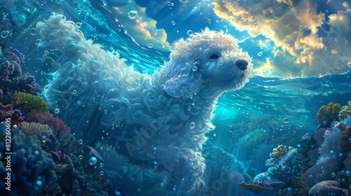 A painting of a white dog swimming underwater in the ocean, AI