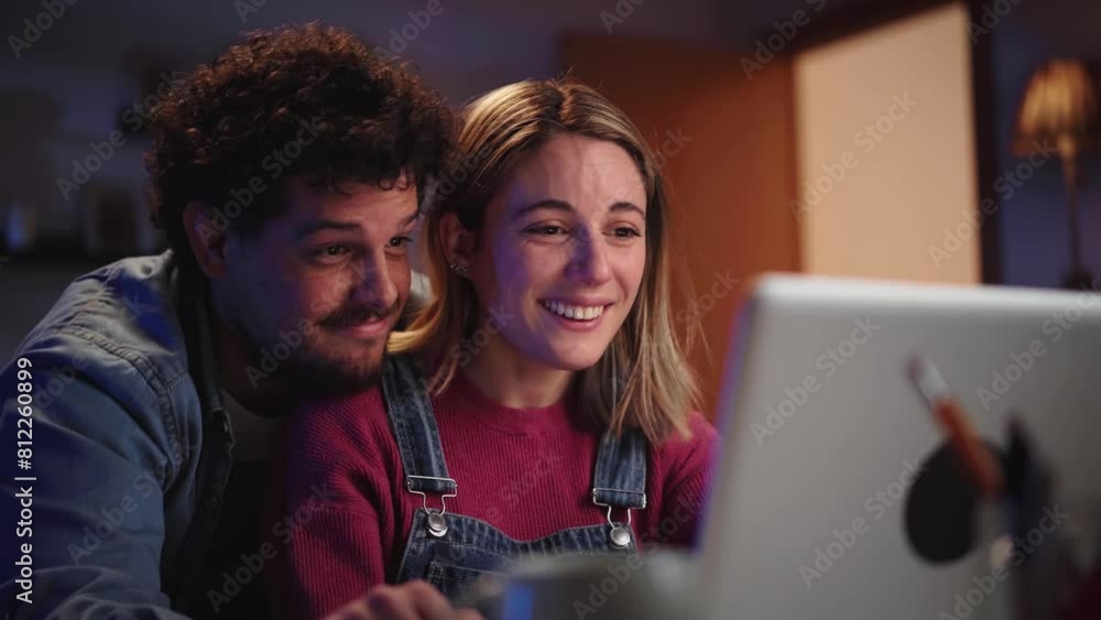 Two happy young Caucasian people together looking at computer sitting at desk in living room at night. Smiling millennial affectionate couple at home using laptop. Domestic relations and leisure time Two happy young Caucasian people together looking at computer sitting at desk in living room at night. Smiling millennial affectionate couple at home using laptop. Domestic relations and leisure time