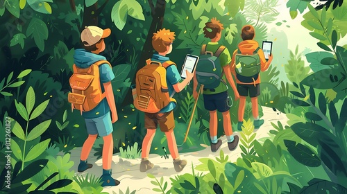 Adventure in the Woods: Children Navigate with Map and Tablet Amidst Backpacks