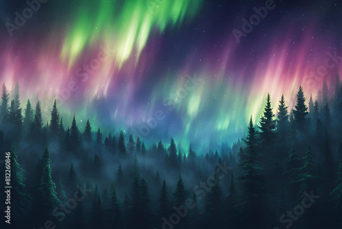 Northern lights dancing above a dense forest of coniferous trees  casting an ethereal glow over the landscape