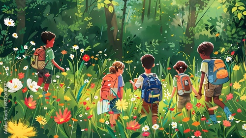 Blossoming Adventure: Children Exploring with Map in Flower-Filled Field