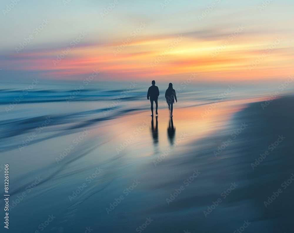 photo of two people walking on the beach, long exposure, motion blur, slow shutter speed, abstract background, sunset colors, beautiful sky, blur in foreground, blue and yellow tones, soft lighting photo of two people walking on the beach, long exposure, motion blur, slow shutter speed, abstract background, sunset colors, beautiful sky, blur in foreground, blue and yellow tones, soft lighting